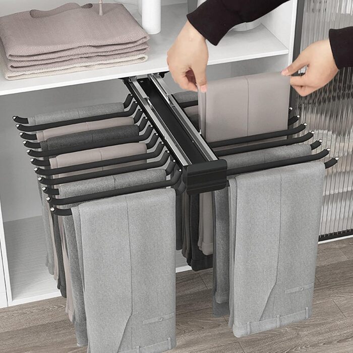 Вішалка для штанів для гардеробу, висувна вішалка для штанів, багатофункціональна підставка для штанів з 22 кронштейнами, вішалка для штанів з безшумним амортизатором, компактне сховище для гардеробів, чорний