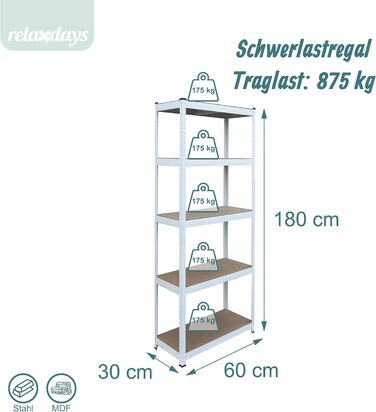 Міцний стелаж Relaxdays, ВxШxГ 180x60x30 см, 875 кг, 5 полиць, полиця для зберігання в підвалі та гаражі, вставного типу, білий/коричневий