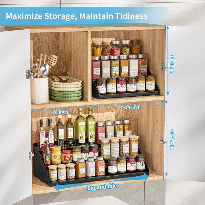 Рівнева підставка для спецій, органайзер для кухонних полиць, органайзер для спецій, розширюваний металевий органайзер для кухонних шаф від 34 см до 55 см, для стільниць, кухні, їдальні - чорний, 3-