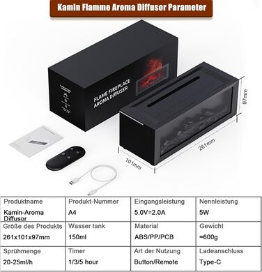 Аромадифузор Holwim зі світлодіодним каміном, ароматичний дифузор для ефірних олій із 7-кольоровим ефектом полумя, зволожувач повітря обємом 150 мл із дистанційним керуванням, 4 таймери, безводне автоматичне відключення (чорний)