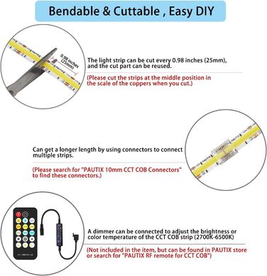 Світлодіодна стрічка PAUTIX COB CCT Теплий білий Холодний білий, 5M 3200 світлодіодів з можливістю затемнення 2700K-6500K 24V Набір світлодіодних стрічок з джерелом живлення та радіочастотним пультом дистанційного керування для спальні Кухня Телевізор Дзе