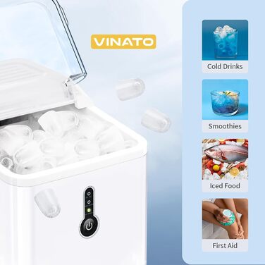 Машина для виготовлення кубиків льоду VINATO, маленька машина для виготовлення кубиків льоду, 9 кубиків льоду лише за 6 хвилин, безшумна робота, льодогенератор 15 кг/24 години, білий
