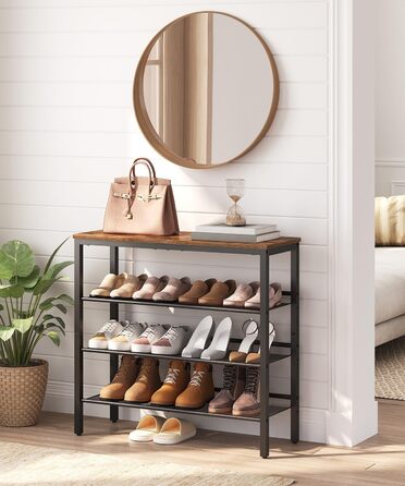 Взуттєва полиця HOOBRO, 4 полиці для взуття, шафа для взуття, регульована металева сітчаста полиця, містка верхня частина, для 12-15 пар взуття, вхід, коридор, індустріальний стиль, вінтажний коричнево-чорний EBF42XJ01 темно-коричневий чорний 75 x 30 x 69