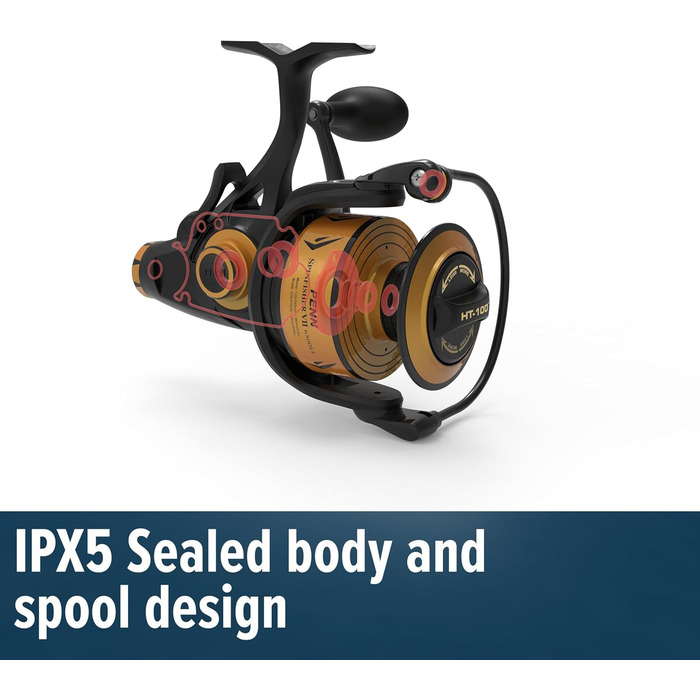 Котушка для спінінгу Penn Spinfisher VII, з живою шпулькою та дальнім закидом Котушка для морської риболовлі з ущільненням IPX5 та обробкою на верстаті з ЧПК Рибалка для риболовлі з човна, берега, серфінгу та скель Різні розміри Чорно-золота 2500 жива шпу