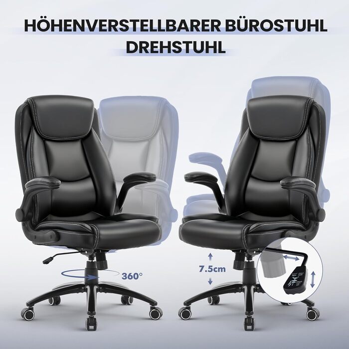 Ергономічне офісне крісло COLAMY, поворотне на 360 крісло для керівника з відкидними підлокітниками, регульована спинка, висота та нахил, чорне