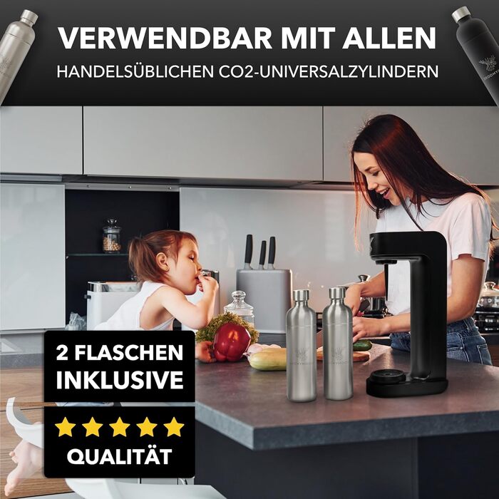 Виробник газованої води Luckymoose Infinity з 2 пляшками з нержавіючої сталі 1,25 л - Економить до 25 CO2 завдяки автоматичній зупинці - Пляшки можна мити в посудомийній машині та без терміну придатності (2 шт. нержавіюча сталь)