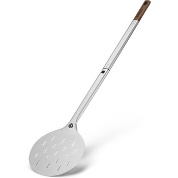 Кругла, лопата з перфорованого алюмінію з ручкою з дерева акації та штепсельним механізмом, термостійкий для печі для піци 95 см x