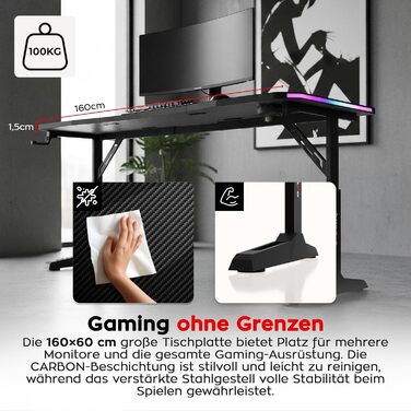 Ігровий стіл huzaro Hero 4.6 RGB - Регульована висота* - Стіл 160x60 см - Поверхня з вуглецевого волокна - Організатор кабелів - Підстаканник та тримач для навушників - ПК-стіл для офісу/домашнього офісу - Чорний RGB