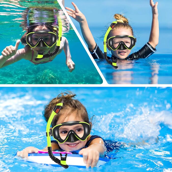 Дитячий набір для снорклінгу, набір для сухого снорклінгу HIKOTEY для дітей, панорамний захист від запотівання, маска для дайвінгу із захистом від протікання, сухий снорклінг з водонепроникними берушами, набір для снорклінгу для хлопчиків A1-жовтий