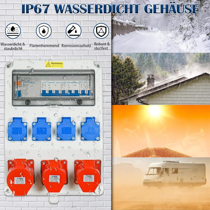 Настінний розподільний щиток живлення, попередньо підключений, 4 шт. 230 В 2 шт. CEE 16 A CEE 32 A, розподільний щиток живлення для будівельного майданчика з пристроєм захисного відключення (RCD) 50 А та автоматичним вимикачем, водонепроникний корпус IP67