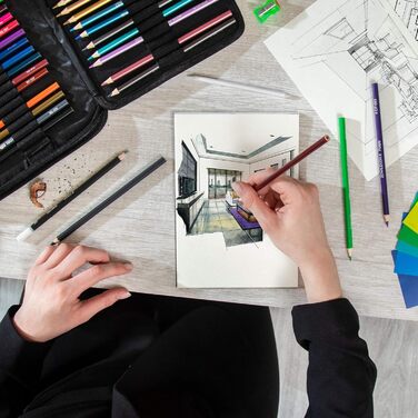 Професійний набір олівців для малювання Zenacolor із 74 предметів, пенал з 24 акварельними олівцями, 12 кольоровими олівцями, 12 металевими олівцями, 12 графітовими олівцями та аксесуарами - 1 альбом для малювання