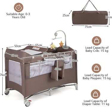 Складане дитяче ліжечко LIFEZEAL з пеленальний столик, дорожнє ліжечко з ігровою аркою та музичними дзвіночками, мобільне дитяче дорожнє ліжечко з сумкою для зберігання, для немовлят 0-36 місяців (коричневе)
