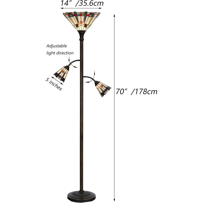 Вітражний торшер Bieye L30812 Mission Tiffany Style для декорування читацьких робіт, 3 полум'я, висота 178см