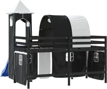 Меблі для дому Інструменти Дитяче ліжко-горище з вежею, біло-чорне, 90 x 200 см, масив дерева, сосна