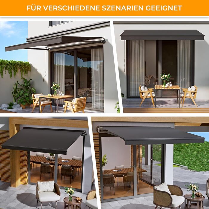 Складана тентована маркіза з ручним керуванням, 300x250 см, антрацит, сонцезахисна тентована маркіза, тентована для патіо, регулювання кута нахилу (5-60), балконна тентована маркіза з водонепроникним покриттям, настінне кріплення в комплекті, 300x250 см а