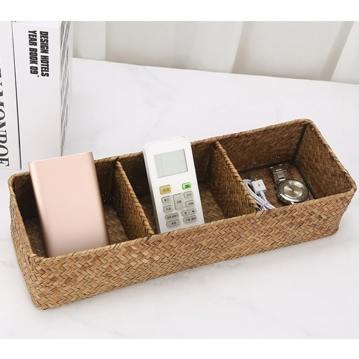 Кошик для зберігання з морської трави для ванної кімнати, плетений кошик для зберігання, плетена скринька для зберігання у ванній кімнаті з 3 відділеннями (37 x 12 x 8 см)