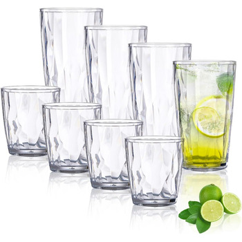 Набір склянок для води TIE-DailyNec 8 PCS, різнокольорові пластикові склянки для пиття 470 мл та 310 мл, небиткі склянки для пиття