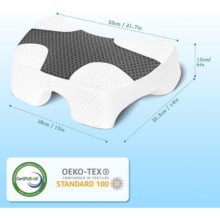Подушка для сну на боці з проймою, подушка для шиї та плечей, подушка з піни з ефектом пам&39яті, підходить для сну на боці, спині та животі сіра 55 x 35,5 x 15 см