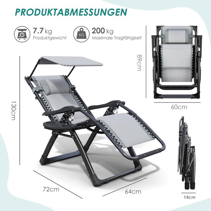 Складаний шезлонг з парасолькою, підголівником та тримачем для напоїв для саду, басейну та пляжу (сірий)