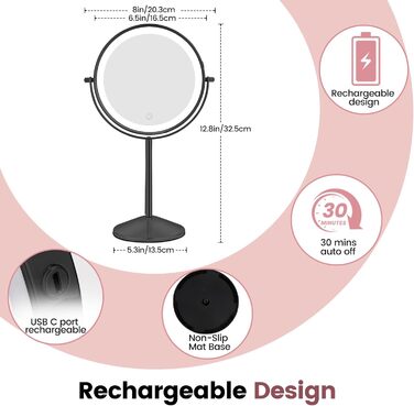 Косметичне дзеркало AumVum 8 косметичне дзеркало зі світлом, що перезаряджається, /10 шт. зі збільшенням 54 світлодіодні лампи 3 кольори яскравість підсвічування 360 поворотне для спальні, чорне