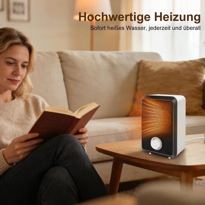 Міні-вентиляторний обігрівач 600 Вт, компактний електричний радіатор, захист від перегріву та перекидання, настільний обігрівач з термостатом, вогнестійкий матеріал V0, тихий мідний двигун, для столу/офісу/домашнього офісу (&lt10 м)