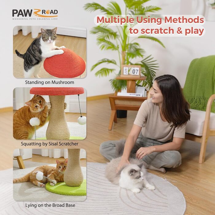 Когтеточка для котів PAWZ Road Cute, дряпалка для котів у формі грибів з когтеточкою в комплекті зі 100 сизалю та помпонами, іграшки для котів, котяче дерево-гриб для кімнатних котів.