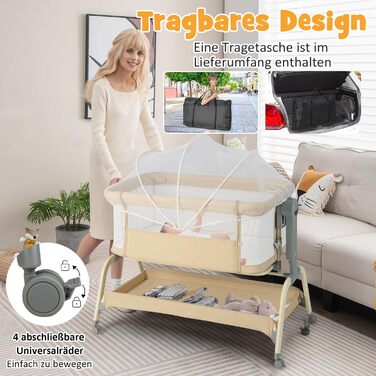 Дитяче ліжечко COSTWAY 4 в 1 з москітною сіткою, бічним ліжком, колискою та люлькою, а також дорожнім ліжком з матрацом, 6 регульованих рівнів висоти, сумкою для перенесення, складним портативним ліжечком для дітей до 6 місяців (бежевий)
