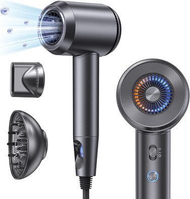 Іонний фен llano Іонний фен швидкого висихання з дифузором 100 мільйонів негативних іонів Потік повітря 19 м/с Безщітковий двигун,