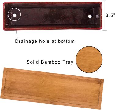 Горщики для сукулентів 12-дюймові кашпо для сукулентів з дренажним лотком, довгі прямокутні керамічні горщики для кактусів/сукулентів, неглибокий віконний ящик для бонсай для дому, саду, декору, червоні/вуличні, однотонні (Getaway Solids)