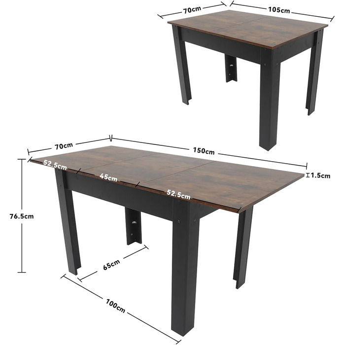 Розсувний обідній стіл ARTETHYS 105/150x70 см, кухонний обідній стіл в індустріальному стилі, прямокутна стільниця для 4-6 осіб, дерев&39яний стіл з металевими ніжками, стіл для їдальні, кухні, вітальні 105-150x70 см