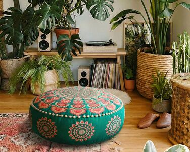 Бірюзовий круглий пуф-пуф з оксамитовою вишивкою Мяка вишита підлогова подушка з марокканським візерунком, діаметром 60 см, ідеально підходить для вітальні, спальні або кімнати для медитації. Бірюзовий колір 59Г x 59Ш x 20В см