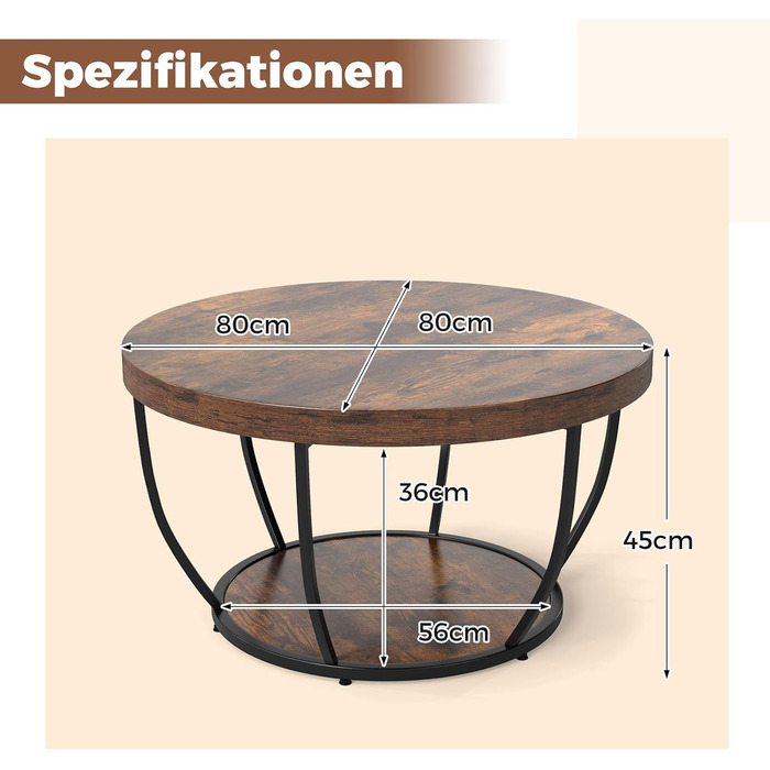 Круглий журнальний столик COSTWAY, дерев&39яний диванний столик з 2 ярусами та металевим каркасом, журнальний столик для вітальні діаметром 80 см для вітальні, приймальні, офісу (рустикально-коричневий)
