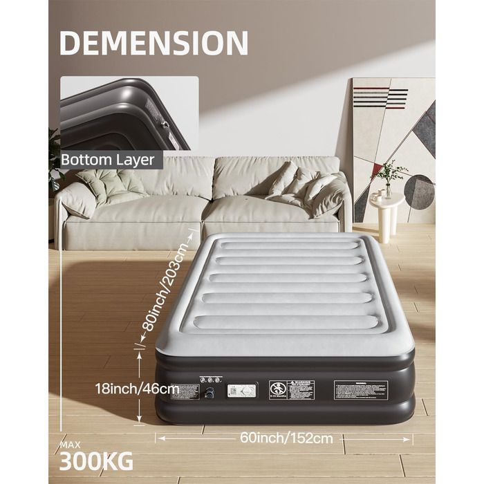 Надувний матрац CHILLSUN для 2 осіб, 203x152x46 см, з електричним насосом, надзвичайно товста водонепроникна флокована поверхня, легко зберігається для кемпінгу та гостьового ліжка