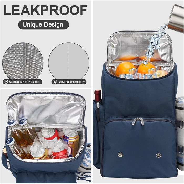 Рюкзак для пікніка на 4 особи з великою ізольованою сумкою-холодильником, набором кошика для пікніка з сумкою для вина, водонепроникною ковдрою для пікніка та набором столових приборів. Ідеально підходить для кемпінгу, весільний подарунок для пар, синій.