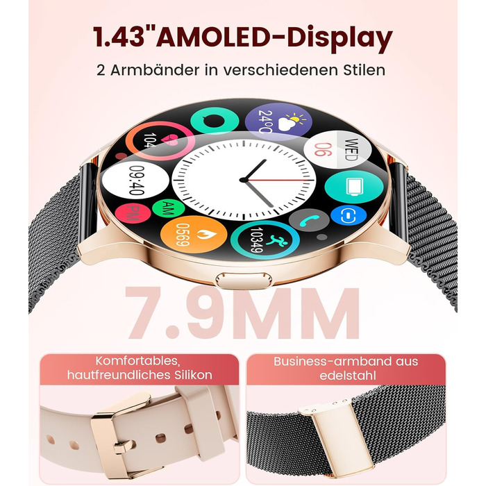 Жіночий смарт-годинник LIGE (2 ремінці), 1,43-дюймовий HD AMOLED-дисплей, смарт-годинник з функцією телефону, фітнес-годинник, спортивний годинник з понад 120 спортивними режимами, відстеження сну, відстеження менструального циклу, годинник для iOS/Androi