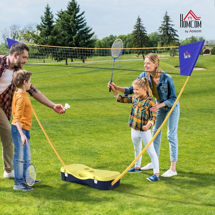 Сітка для бадмінтону HOMCOM з підставкою, підставка для сітки для бадмінтону, портативна підставка для сітки, сітка для бадмінтону з 4 ракетками для бадмінтону, для спорту на свіжому повітрі, жовтийсиній, 286 x 33 x 157 см