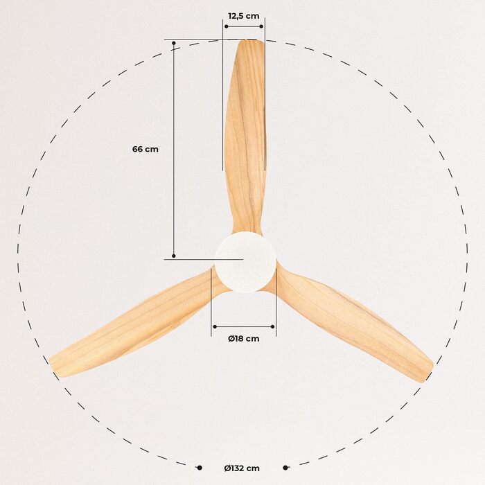 Стельовий вентилятор Nickel Крило з натурального дерева з освітленням і пультом дистанційного керування / 40 Вт, тихий, Ø132 см, 6 швидкостей, таймер, двигун постійного струму, літо-зимова робота з легким крилом з натурального дерева