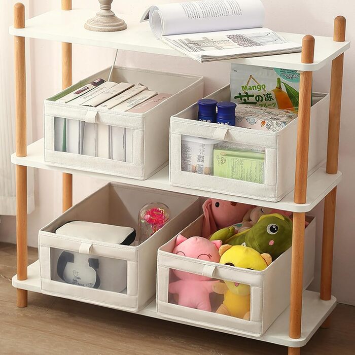 Набір із 4 органайзерів для гардеробу, коробки-органайзери для шафи з прозорими шухлядами, складні коробки для зберігання, 42 x 27,5 x 17 см, для штанів, сорочок, одягу, бежевий стиль 1 4L