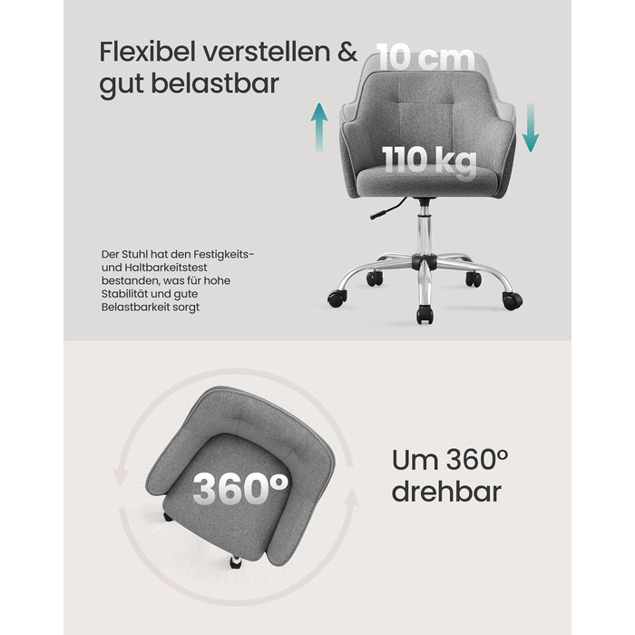 Офісне крісло SONGMICS OBG019G01, навантаження до 110 кг, сталь фанера тканина, сірий