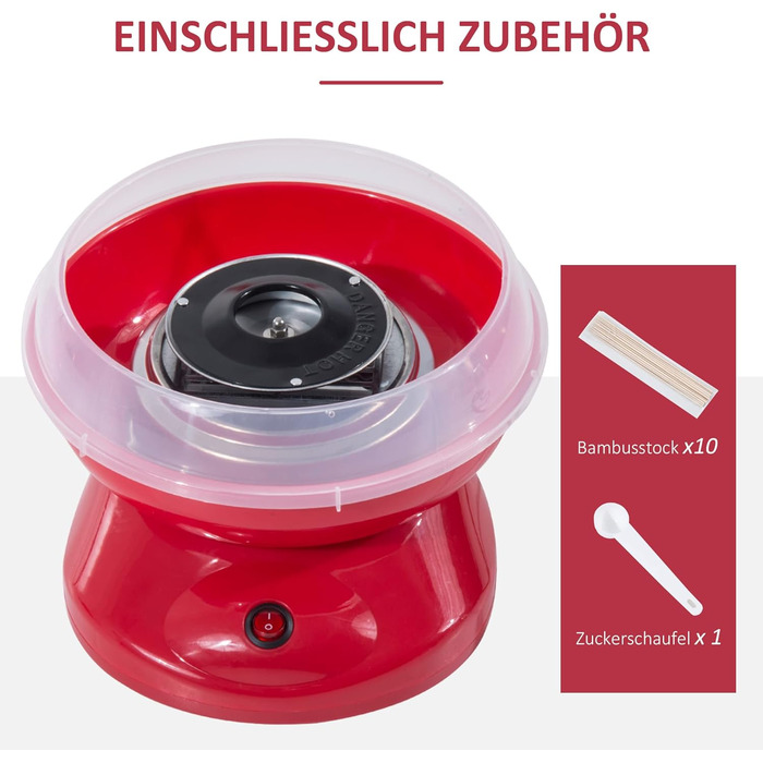 Машина для виробництва солодкої вати HOMCOM, проста у використанні машина для виробництва солодкої вати, для дорослих і дітей, нержавіюча сталь, PP, червоний