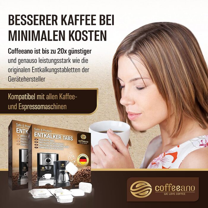Таблетки для видалення накипу Coffeeano 50 для кавомашин та автоматичних кавоварок. Таблетки для декальцинації Delonghi, Siemens (серія EQ), Jura, Krups, Bosch, Miele, Melitta, WMF та інших. 50 таблеток