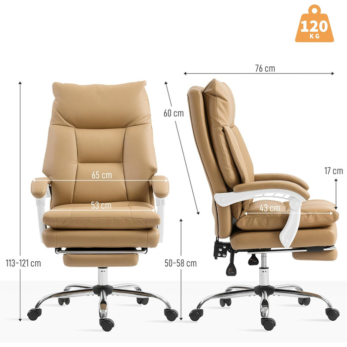 Офісний стілець HOMCOM Ергономічне робоче крісло з поперековою опорою, складні підлокітники, підставка для ніг, регульоване по висоті поворотне крісло з функцією відкидання, штучна шкіра, м&39яке комп&39ютерне крісло, світло-коричневий
