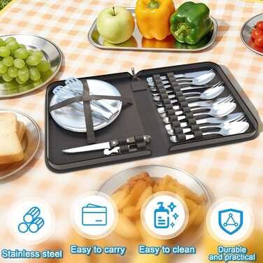 Набір посуду для кемпінгу на 4 особи, столові прибори з нержавіючої сталі (виделки, ножі та ложки), з чохлом для зберігання, портативний набір для пікніків, барбекю та відпочинку на природі