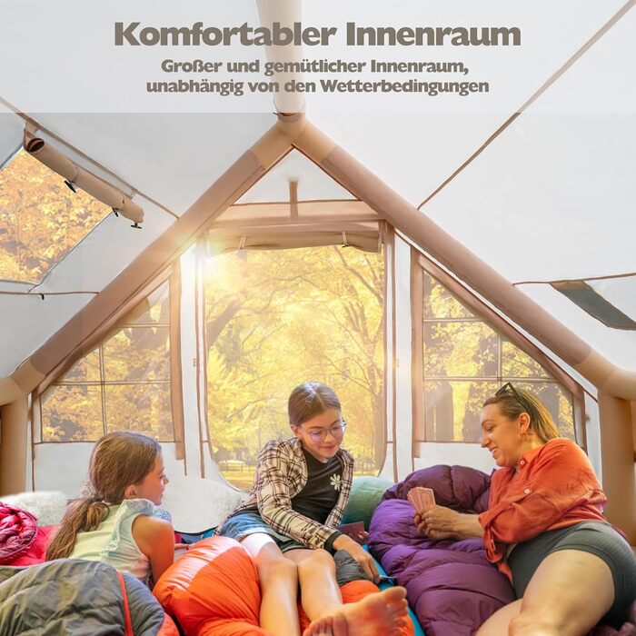 Надувний кемпінговий намет з димохідним отвором та мансардним вікном, надувний намет для 2-10 осіб з повітряним насосом, надувний намет з водонепроникної тканини Оксфорд для всіх сезонів, швидке встановлення, повітряні намети для 2-4 осіб/300 см x 210 см 