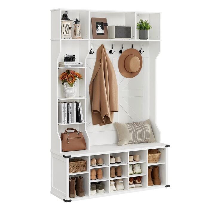Вішалка для одягу, Шафа, Меблі для входу з полицею для взуття, Регульовані полиці, 20 відкритих відділень, 6 потрійних гачків, Сільський стиль, Окремостояча, Для вхідної зони, Коридор, Хмарно-білий HSR440W03