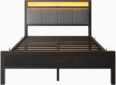 Ліжко 120x200 см, каркас ліжка із зарядною станцією, міцне металеве ліжко з дерев&39яним узголів&39ям для зберігання та тканиною, гостьове ліжко, двоспальне/односпальне ліжко, каркас ліжка для гостьової кімнати, металеве з рейковою основою, чорне, 120 x 2