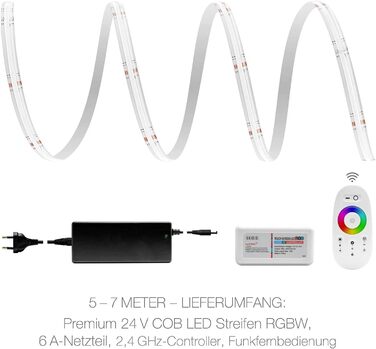 Набір світлодіодних стрічок Universe COB RGB-W з бездротовим пультом дистанційного керування білий, контролер і блок живлення Смуга Преміум нитка 24 В LED стрічка IP65 RGB-WW кольорова (6 метрів)
