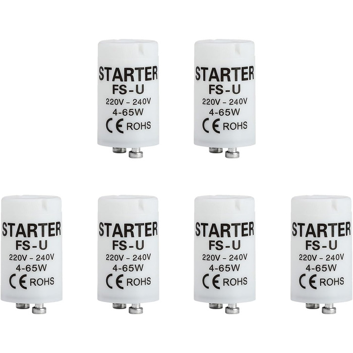 Пакет із 6 стартерів, люмінесцентний пускач FS-U, 4-65 Вт, 220-240 В, надійний пускач розпалу для окремих ланцюгів люмінесцентних ламп, безпечний та ефективний для патронів УФ-стрічок клас енергоспоживання G