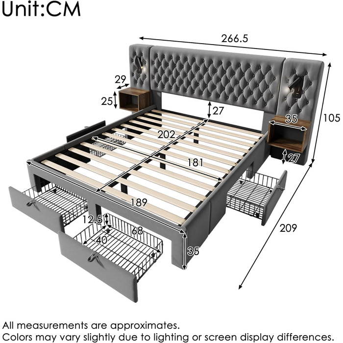 Двоспальний комплект ліжка 180 x 200 см з 2 тумбочками та 4 шухлядами, узголів&39ям зі світлодіодним підсвічуванням та функцією зарядки через USB - повний спальний гарнітур, оксамит, без матраца 180x200 сірий B