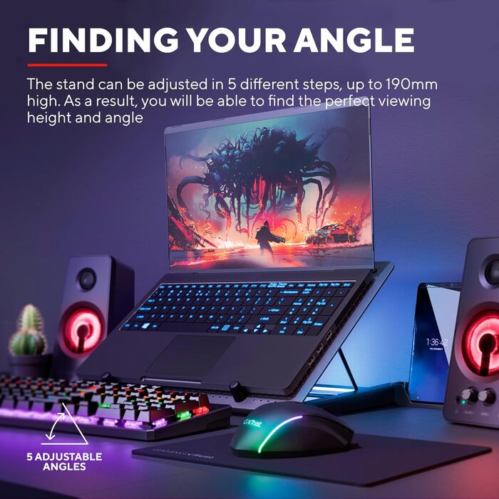 Охолоджувальна підставка для ноутбука Trust GXT 1125 Quno з 5 вентиляторами та LED-підсвічуванням, тримач для смартфона, запобігає перегріву, сумісна з ноутбуками/MacBook до 17,3 дюймів